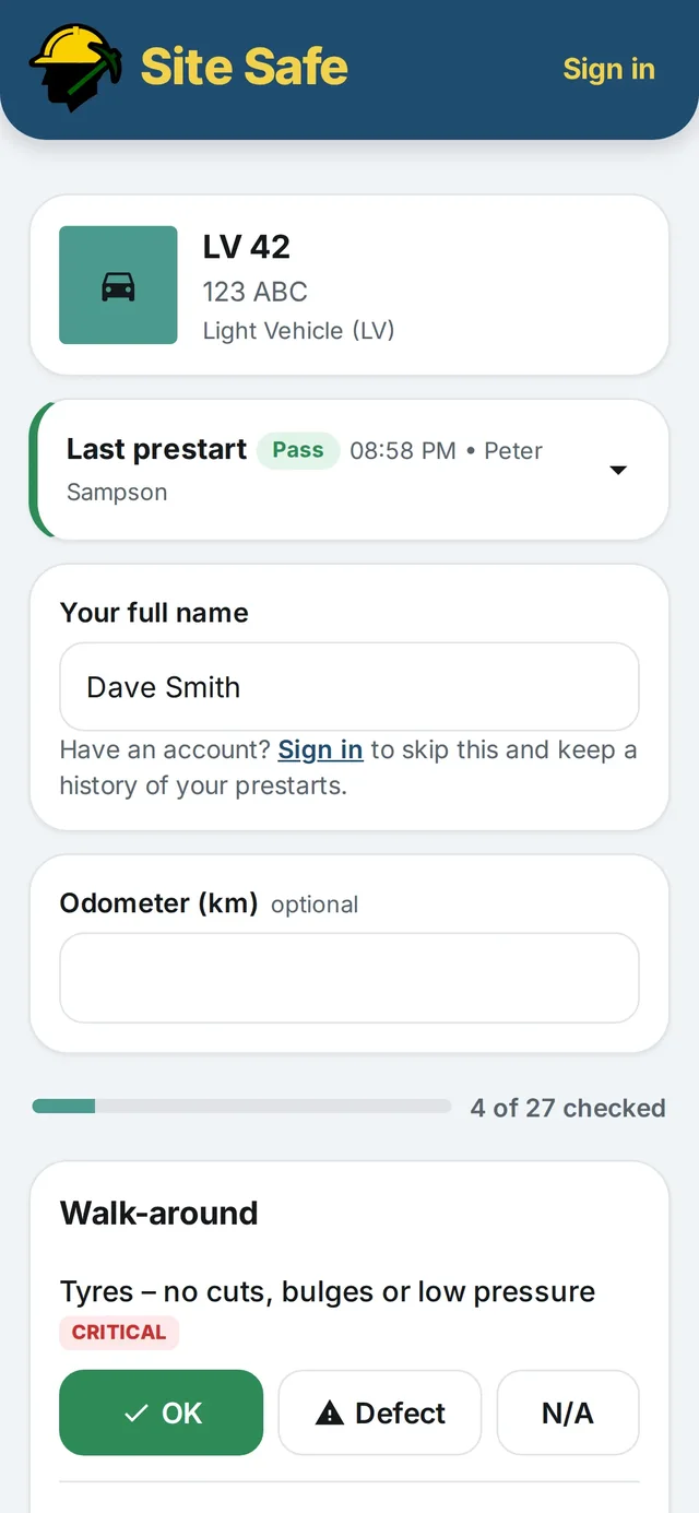 Site Safe prestart checklist on a phone