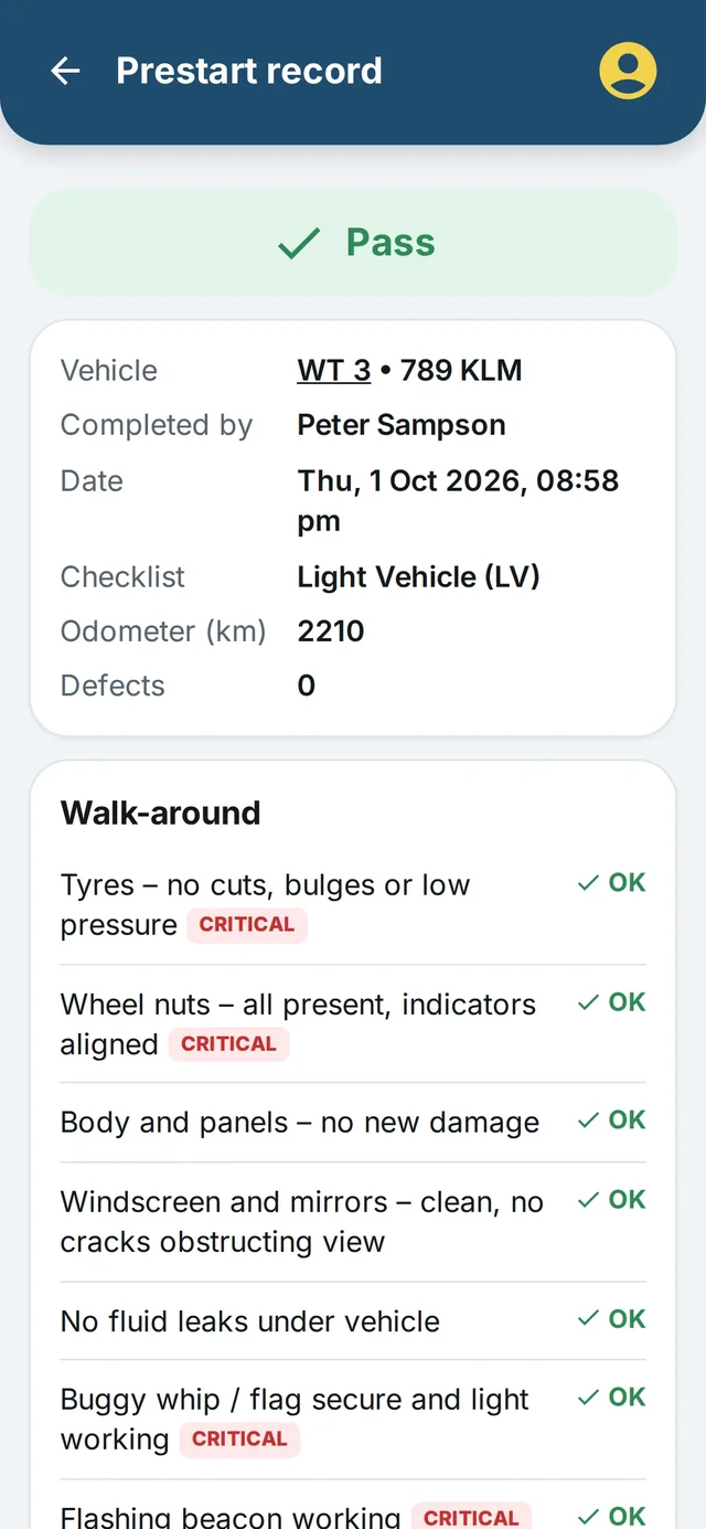 Completed Site Safe prestart record